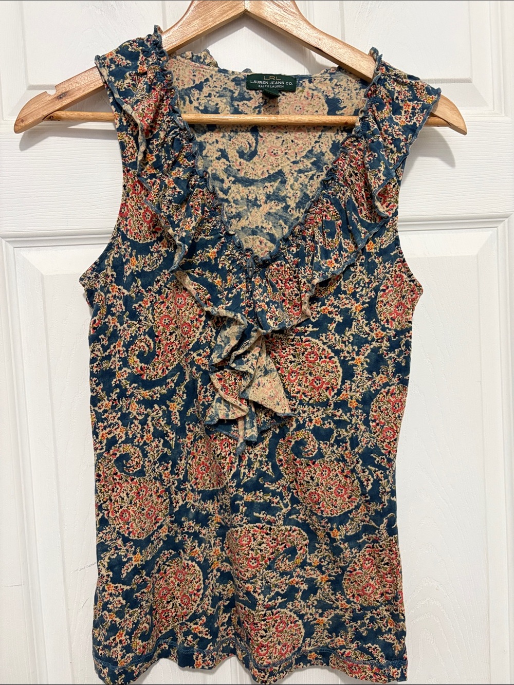 Lauren Jeans Co. Navy Paisley Ruffle V-Neck Tank Top